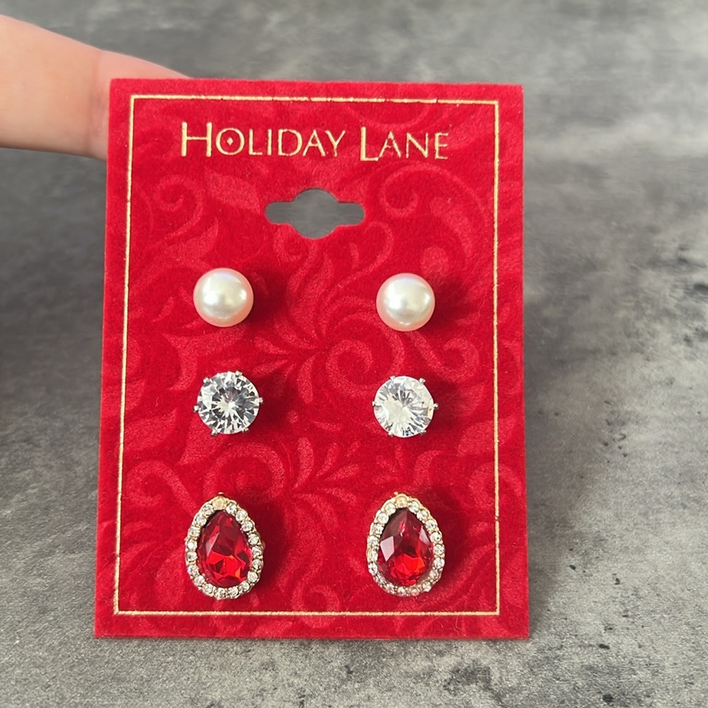 Earring 3 Piece Set: Pearl, Stone, Red Gem